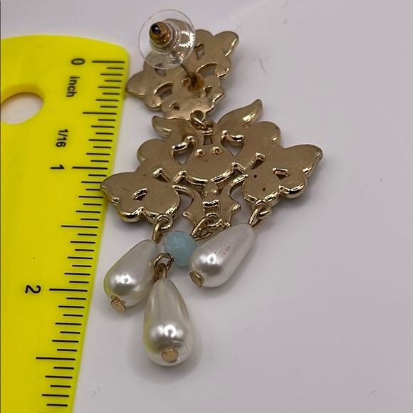 Gold and Cream Chandelier Fairy core giant floral pierced Earrings - Picture 9 of 10